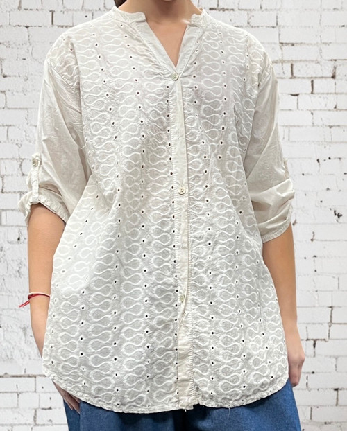 Made In Italy Broderie Anglais Pale Beige Grandad Collar 3/4 Shirt One Size Fits 8-18