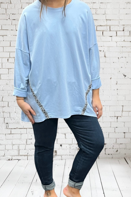 Made In Italy Sky Blue Animal Print Trim Hi Lo Dipped Sweatshirt One Size 10-22