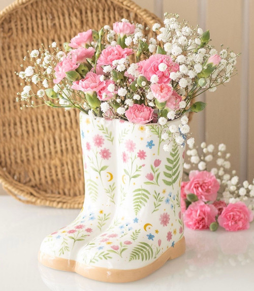 Luna Bloom White Flower Butterfly Design Wellie Boots Ceramic Planter Vase