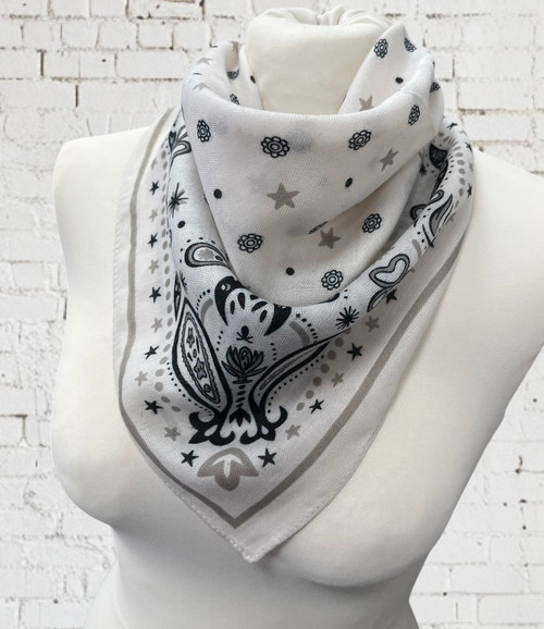 White Paisley & Star Print Neckerchief Square Scarf  
