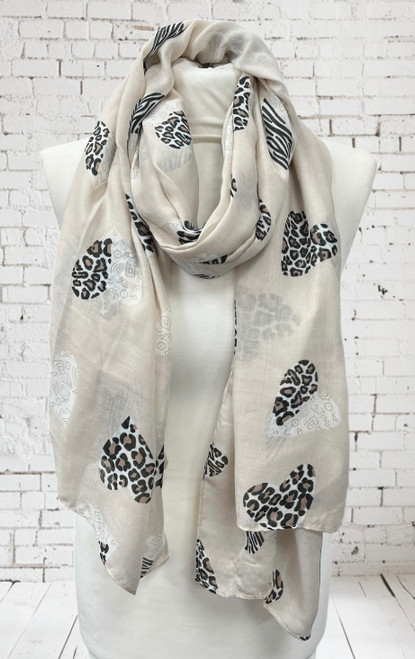 Beige Animal Print Heart Lightweight Chiffon Style Large Scarf