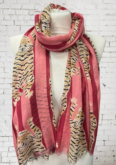 Laying Tiger Motif Coral Pink Mix Large Frayed Edge Stripe Scarf