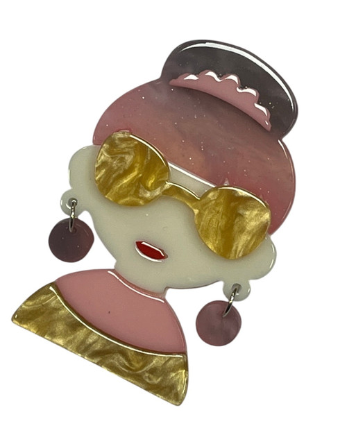 Lady With Pink Bun & Dangly Earrings Acrylic Large 6cm x 4cm Brooch