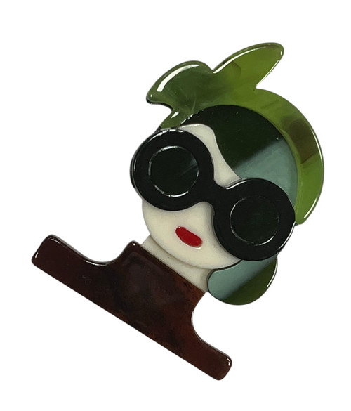 Large Statement Retro Acrylic Beatnik Lady With Green Headscarf Brooch (Style 7)