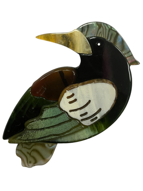Large Woodpecker Bird Green & Black Mix Acrylic Statement Brooch (Style 75)