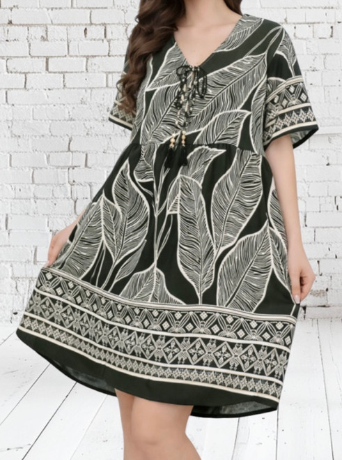 Dark Green Palm Leaf Print Loose Linen Blend Smock Dress Size M-L or 10-14