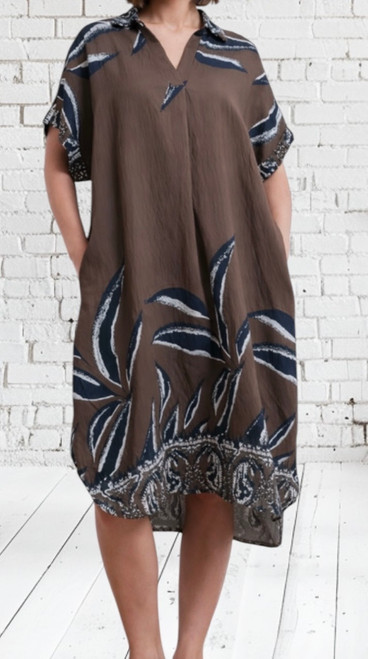 M&V One Size Brown Navy Leaf Print Shirt Style Smock Midi Dress UK 10-22