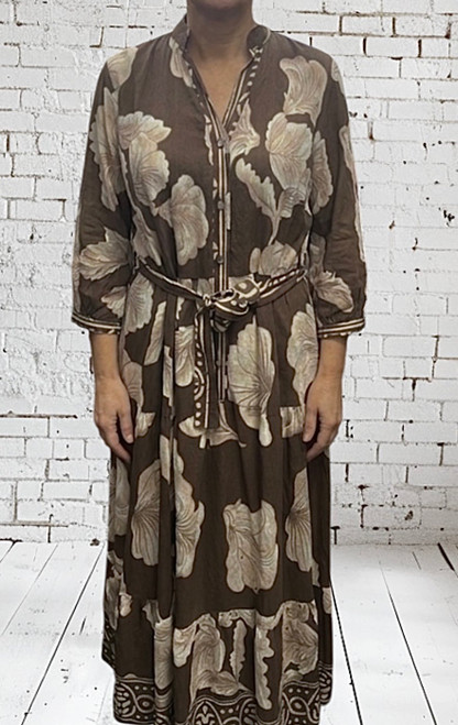 M&V Elegant Brown & Beige Floral Tiered Linen Blend Midaxi Smock Dress One Size Fits UK 10-18