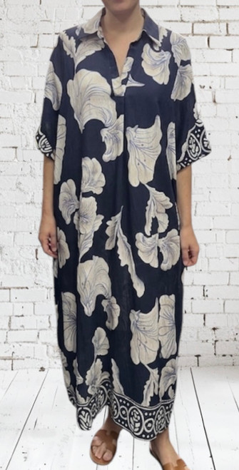 Studio Amour Navy Blue Botanical Floral Print Shirt Style Smock Dress One Size Fits UK 12-24