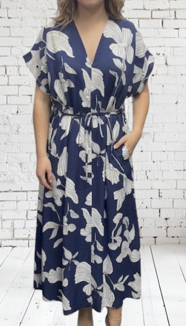 M&V Navy & White Botanical Floral Print Fit & Flare Midi Dress 0ne Size Fits UK 10-18