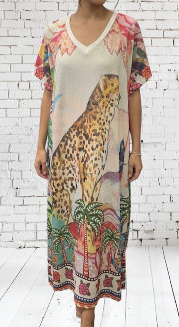 Made In Italy V Neck Beige Lurex Thread Leopard  Palm Tree Maxi Dress One Size Fits 10-20