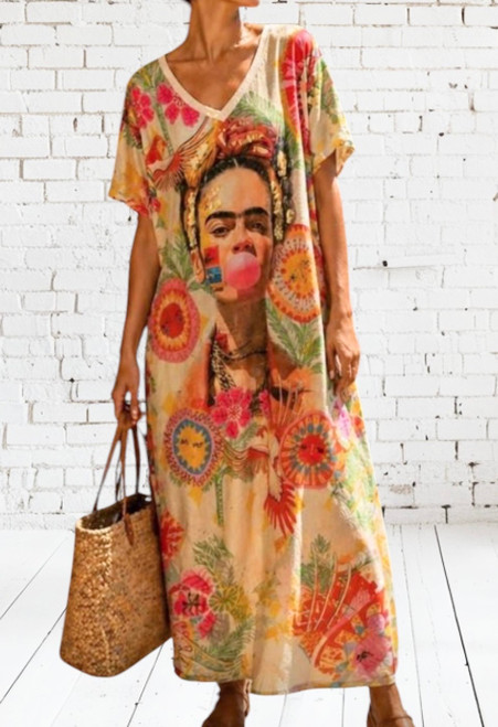 Made In Italy V Neck Beige Lurex Thread Frida Kahlo Bubble Blowing Maxi Dress One Size Fits 10-20