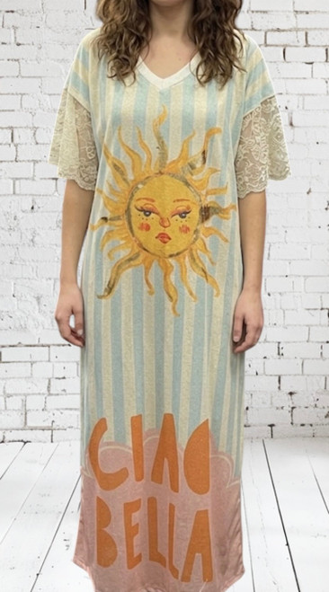 Italian Ciao Bella Beige Blue Stripe Sun Design Lace Sleeve Maxi Dress - One Size 10-18