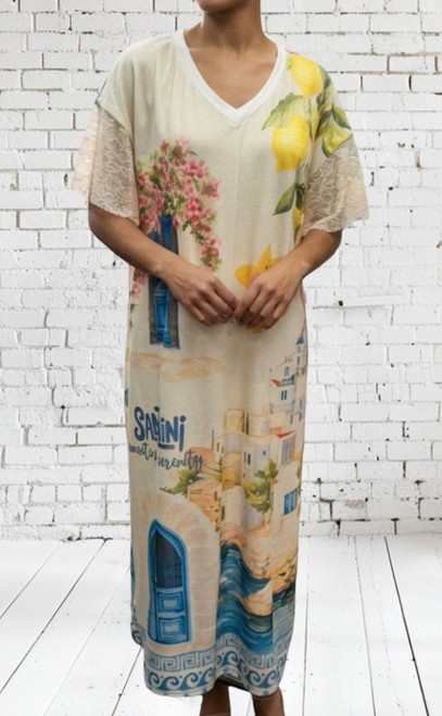 Italian Santorini Sunshine Design Beige Gold Fleck Lace Sleeve Maxi Dress - One Size 10-18