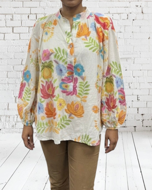 Made In Italy White Bright Multi Floral Dip Back Smock Top One Size Fits UK 10-18