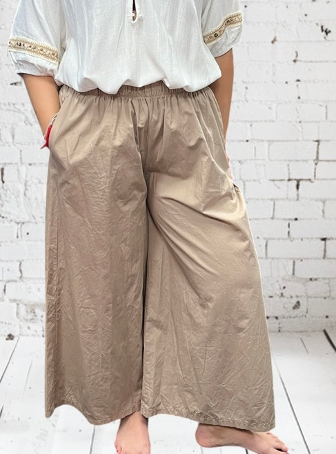 Made In Italy Camel Cotton Poplin Wide Leg 7/8 Crop Trousers One Size Fits 8-18