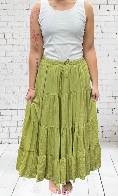 New Collection Pistachio Green Soft Cotton Tiered Gypsy Style Maxi Skirt - One Size 8-18