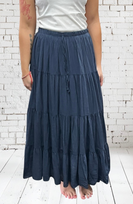 New Collection Navy Blue Soft Cotton Tiered Gypsy Style Maxi Skirt - One Size 8-18