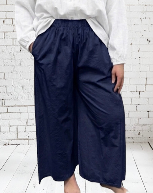 Made In Italy Navy Blue Cotton Poplin Wide Leg 7/8 Crop Trousers One Size Fits 8-18