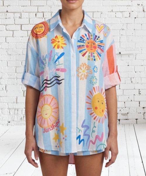 Made In Italy Box Fit Oversized Sun Print Blue Pink Orange Stripe Shirt - One Size Fits  10-22