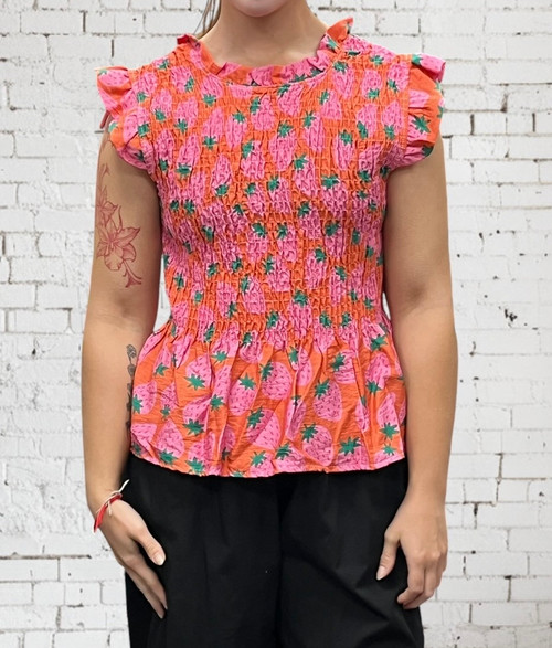 Strawberry Print Orange & Pink Shirred Peplum Top One Size UK 8-16