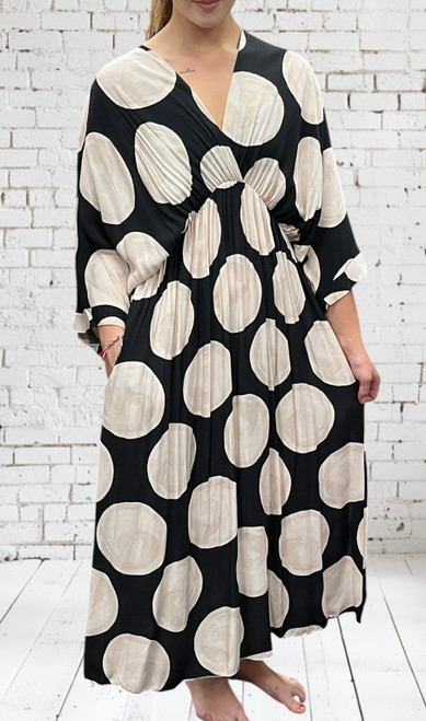 Made In Italy Black & Beige Circle Kimono Style Billowy Midi Dress One Size Fits UK 10-20 