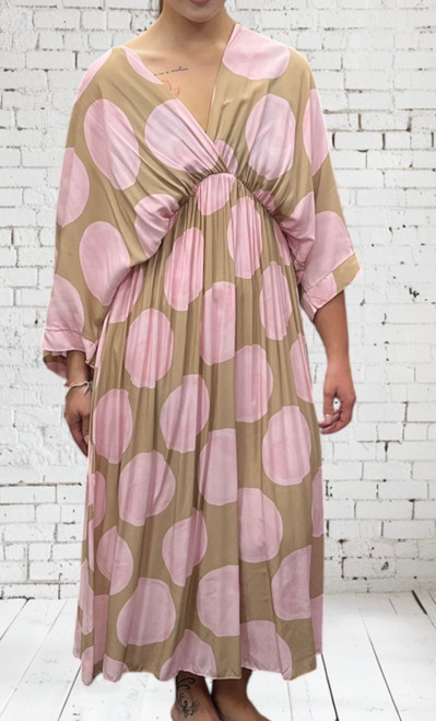 Made In Italy Beige & Pale Pink Circle Kimono Style Billowy Midi Dress One Size Fits UK 10-20