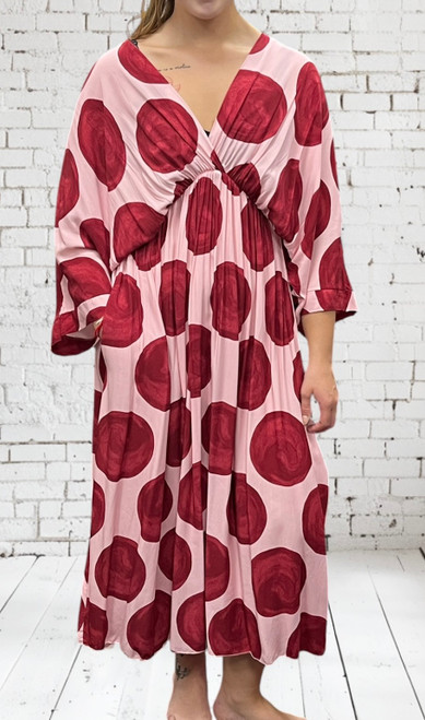 Made In Italy Pink & Red Circle Kimono Style Billowy Midi Dress One Size Fits UK 10-20