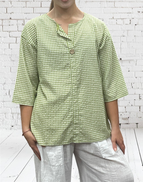 Made In Italy Pistachio Green Gingham Seersucker Smock Top - One Size UK 10-18