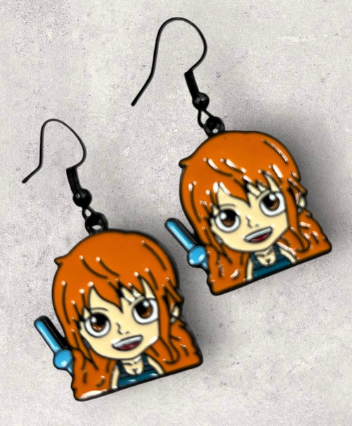 One Piece Anime Nami Inspired Headshot Enamel & Black Alloy Dangly Drop Earrings 