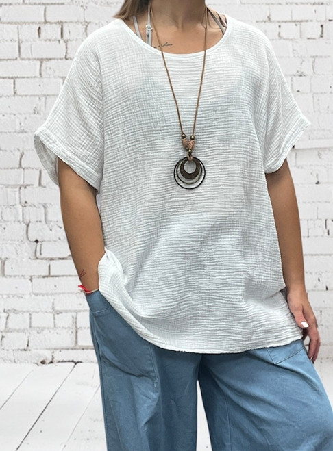 LMF White Short Cap Sleeve Cheesecloth Smock Top With Necklace - One Size Fits UK 10-18