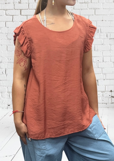 Made In Italy Terracotta Ruffle Trim Linen Look Button Back Top - Onesize Fits UK 10-18