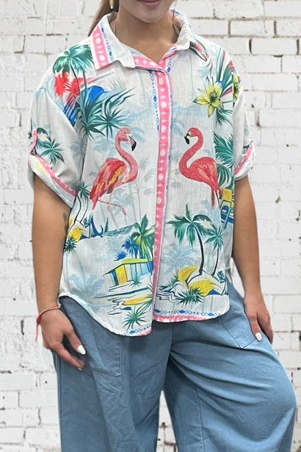 Made In Italy Box Fit Oversized Flamingo Tropical Print White Shirt - One Size Fits 10-22