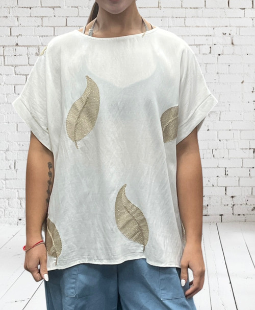 Off White Ivory Linen Blend Embroidered Feather Smock Top - One Size Fits UK 12-22