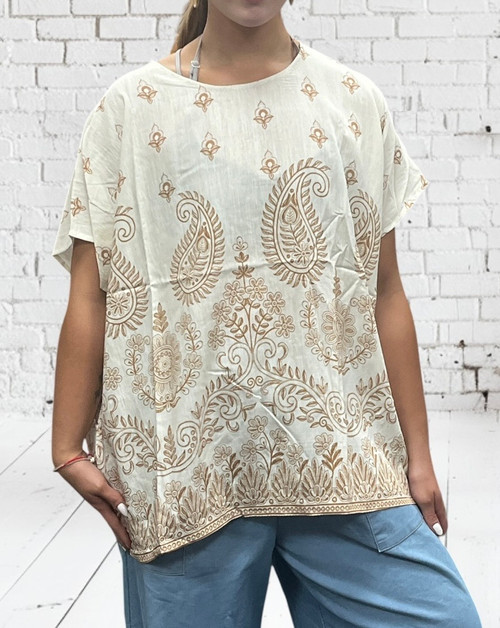 Made In Italy Bohemian Paisley Medallion Ivory & Apricot Smock Top - One Size Fits UK 12-22