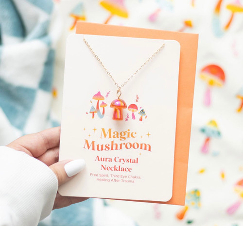 Funky Funghi Orange Aura Quartz Crystal Necklace Greetings Card