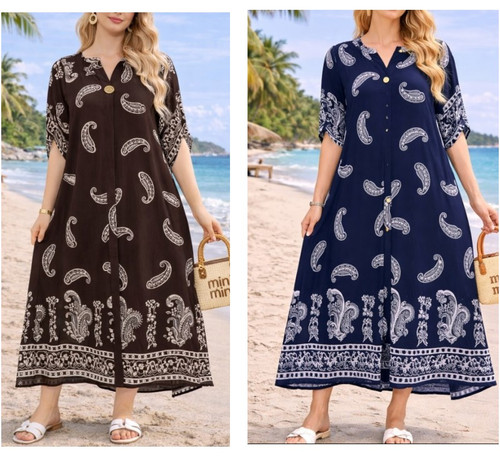 Paisley Print Loose Fit Kaftan Style Notch Neck Midaxi Smock Dress - Navy Blue Or Brown - One Size Fits 14-22