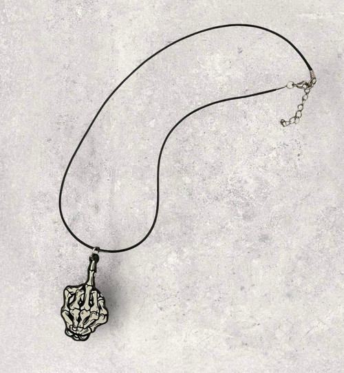 Gothic Alternative Black Middle Finger Skeletal Hand Acrylic Pendant Cord Necklace