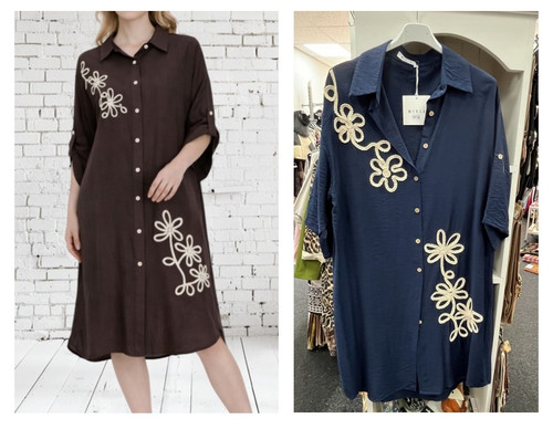 Mivia Linen Blend Midi Length Short Sleeved Shirt Dress - Sizes M-L 10-14 Or L-XL 16-22 In Brown Or Navy