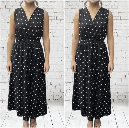 Italian One Size V Front & Back Polka Dot Cross Front Shirred Waist Maxi Dress - One Size Fits UK 10-22 Navy Or Black