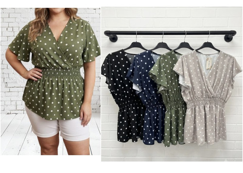 Polka Dot One Size V Neck Cross Front Peplum Top With Shirred Waist & Flutter Cap Sleeves - Fits UK 12-22 Grey Black Navy Green