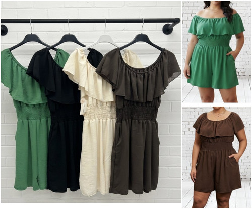 On Trend Viral Bardot Playsuit With Pockets One Size Fits UK 10-22 Jade Green, Beige, Black & Brown