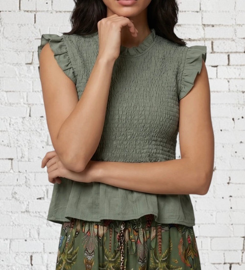 Khaki Green Shirred Ruffle Trim Peplum Top One Size Fits UK 8-14