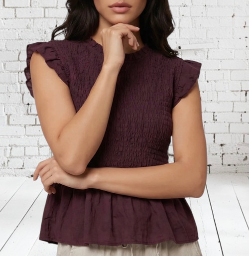 Aubergine Purple Shirred Ruffle Trim Peplum Top One Size Fits UK 8-14