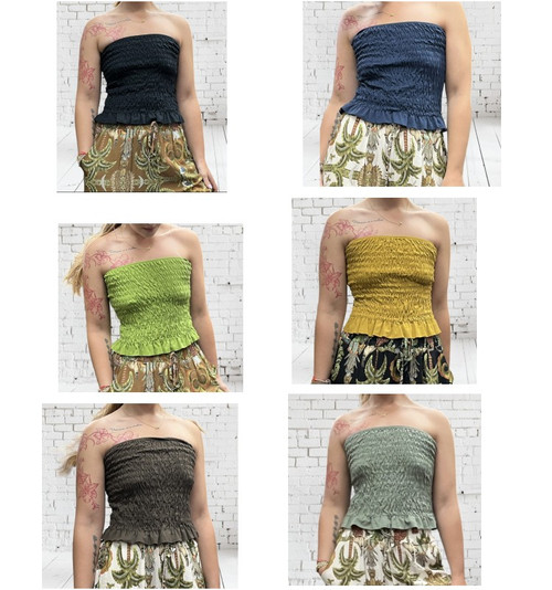 Diverse Italian Shirred Ruffle Hem Bandeau Top  6 Colours - One Size Fits UK 8-16 Khaki Brown Ochre Navy Pistachio Black