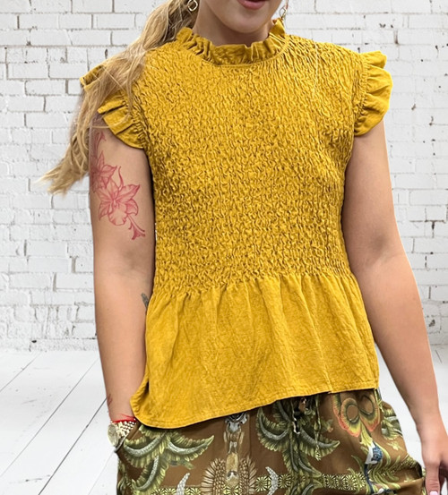 Ochre / Mustard Shirred Ruffle Trim Peplum Top One Size Fits UK 8-14