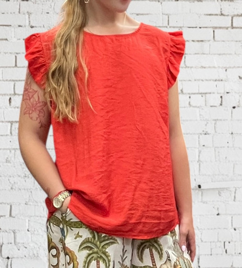 Made In Italy Burnt Orange Ruffle Trim Linen Look Button Back Top - Onesize Fits UK 10-18