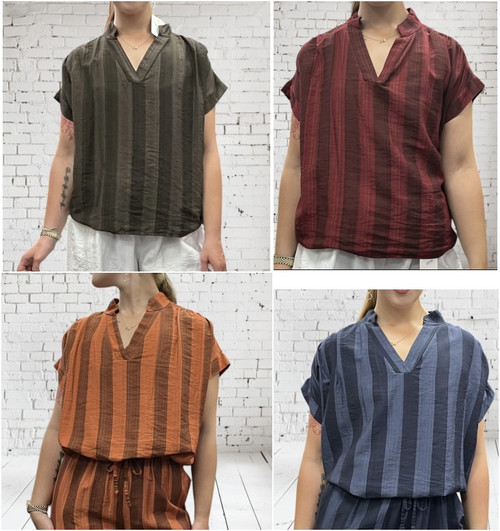 Toscana Moda Two Tone Striped Neru Collar V Neck Smock Top - One Size Fits UK 8-14