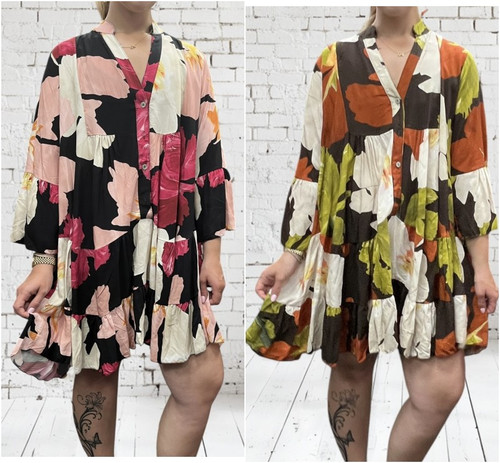 Made In Italy Flora Abstract Bold Floral Print Tiered Smock Dress - One Size Fits UK 8-16