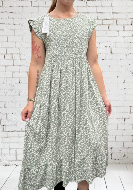 Diverse Italian Ditsy Daisy Floral Print Shirred Top Midi Dress With Ruffle  Hem  One Size Fits 8-18  Sage Green Or Navy